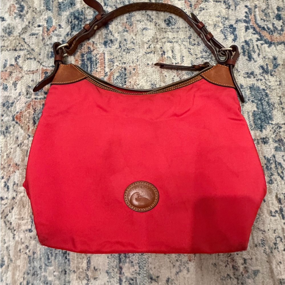 Dooney & Bourke Coral Canvas Shoulder Bag with Brown Leather Trim